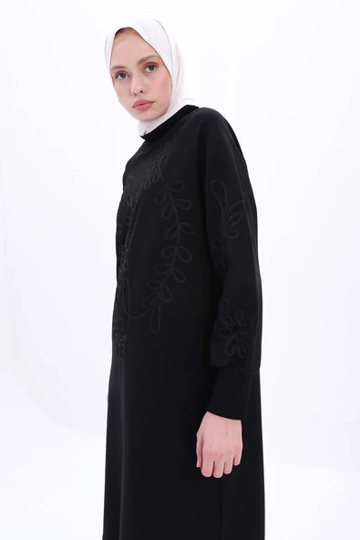 Siyah-Nakışlı Uzun Sweat Tunik - 5