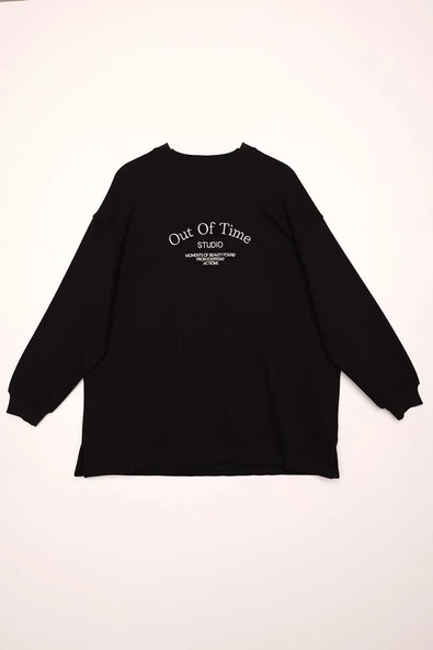 Siyah-Oversize Nakışlı Sweat - Resim 7