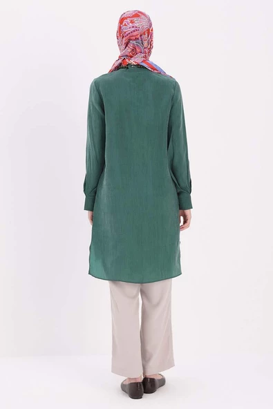 Zümrüt-Dik Yakalı Kolu Pileli Gömlek Tunik - Resim 4