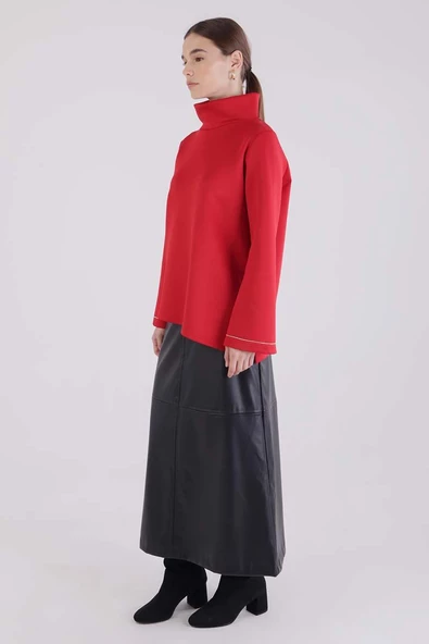 Kırmızı-Dik Yaka Kolu Yırtmaçlı Likralı Scuba Bluz - 3