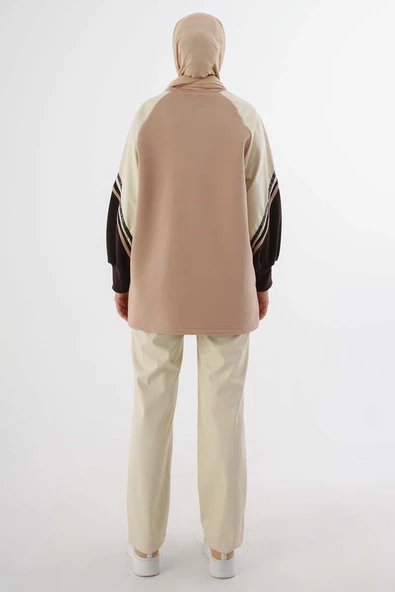 Bej-Şardonlu Deri Garnili Şeritli Sweat - Resim 4