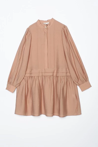 Koyu Bej-Pile Detaylı Gömlek Tunik - Resim 7