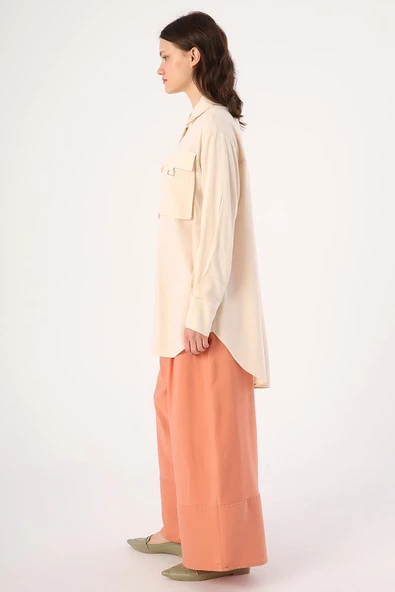 Ekru-Göğüs Cepli Gömlek Tunik - Resim 3