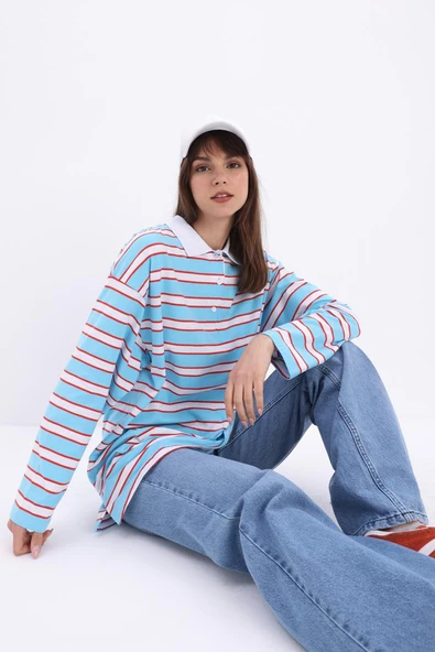 Mavi-Kırmızı-Pamuklu Çizgili Likralı Sweat ürün görseli