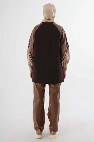 Acı Kahve-Şardonlu Deri Garnili Şeritli Sweat - Resim 4