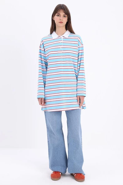 Mavi-Kırmızı-Pamuklu Çizgili Likralı Sweat - Resim 2