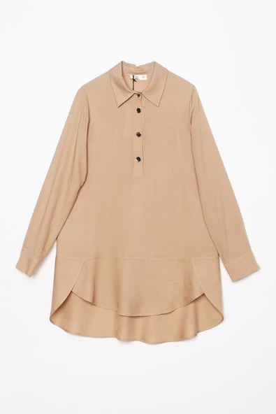 Koyu Bej-Gömlek Yaka Yarım Patlı Yırtmaçlı Arkası Uzun Tunik - Resim 6