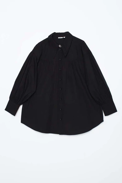 Siyah-Oversize Sivri Yaka Büzgülü Balon Kol Gömlek - Resim 7