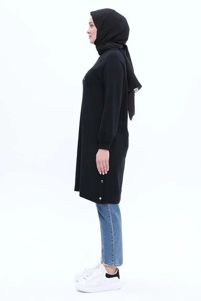 Siyah-Pamuklu Nakışlı Likralı Tunik - Resim 3