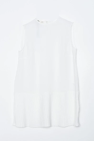 Beyaz-Kolsuz Bisiklet Yaka Eteği Pileli Bluz - Resim 7