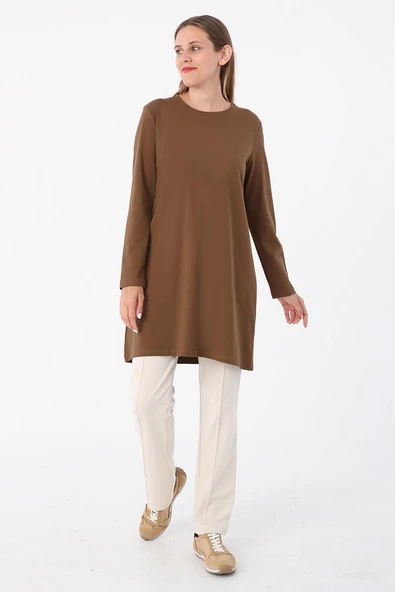 Kahve-Basic Pamuklu Süprem Sweat Tunik - 3