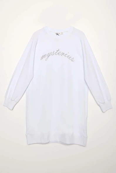 Beyaz-Pamuklu Reglan Kol Zincir Nakışlı Sweat Tunik - Resim 7