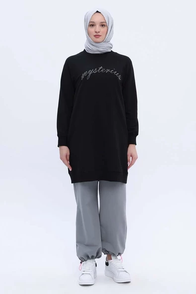 Siyah-Pamuklu Reglan Kol Zincir Nakışlı Sweat Tunik - 2