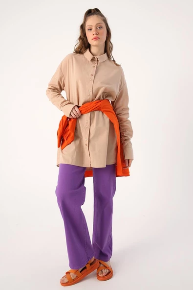 Bej-Oversize Kolu Büzgü Detaylı Gömlek