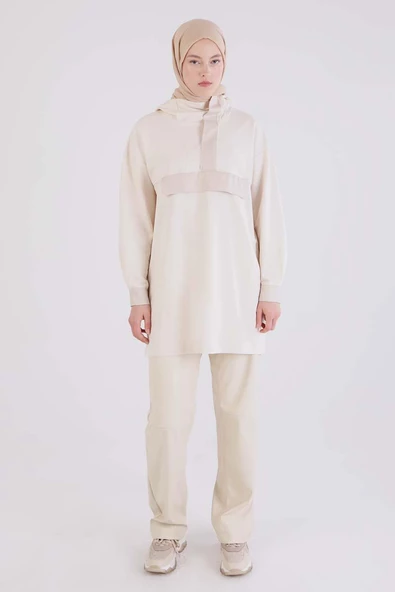 Ekru-Deri Garnili Kapüşonlu Tunik - Resim 2
