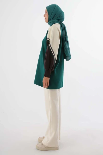 Zümrüt-Şardonlu Deri Garnili Şeritli Sweat - Resim 3