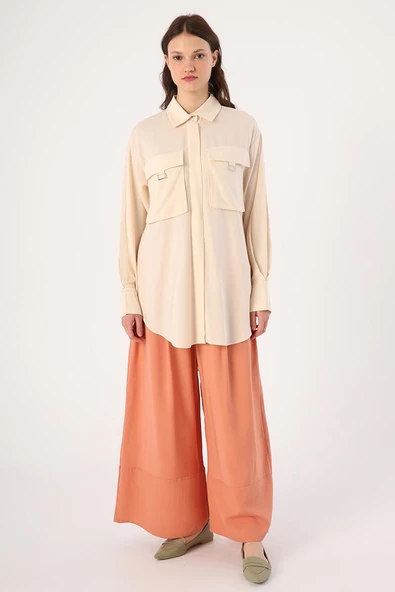 Ekru-Göğüs Cepli Gömlek Tunik - Resim 2