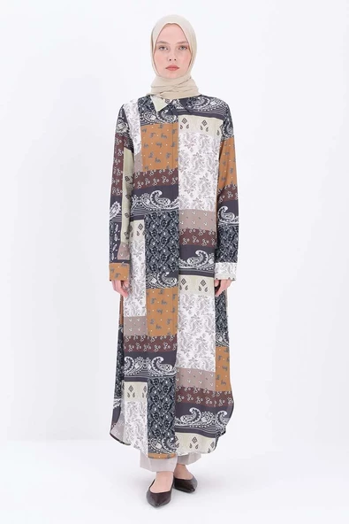 Kahve-Beyaz-Desenli Gömlek Tunik - Resim 2