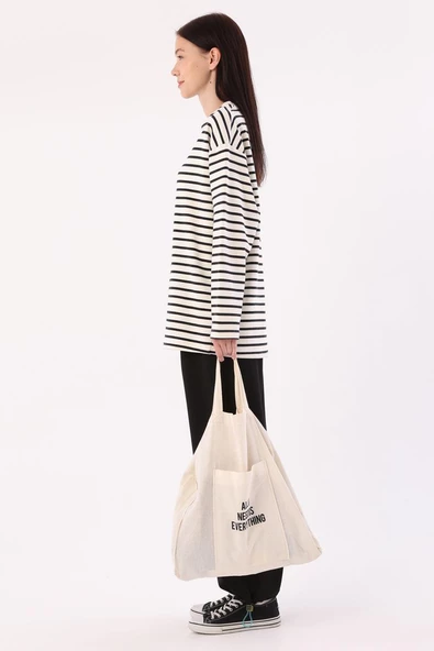 Ekru-Siyah-Çizgili Oversize Sweat - 3