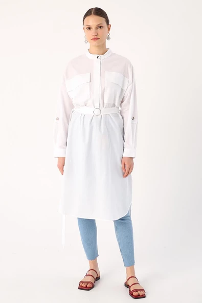 Beyaz-Hakim Yaka Kemerli Cepli Tunik - Resim 2