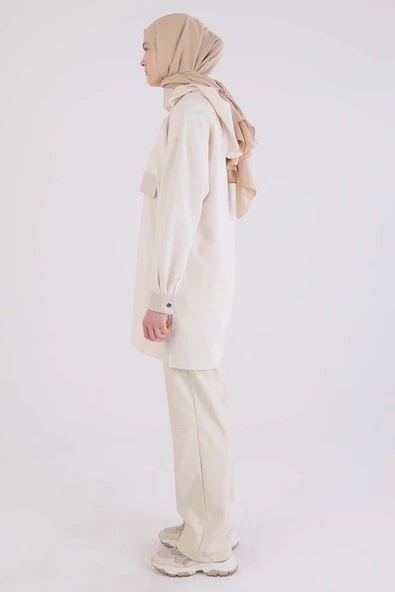 Ekru-Deri Garnili Kapüşonlu Tunik - Resim 4