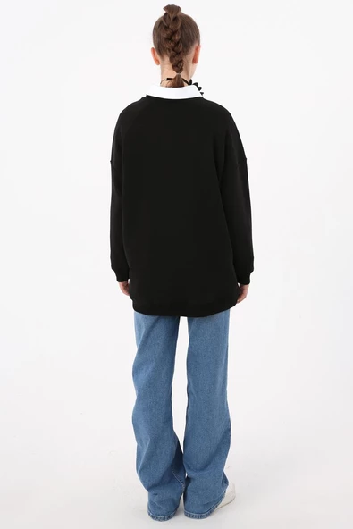 Siyah-3 İplik Oversize Basic Sweat - 4
