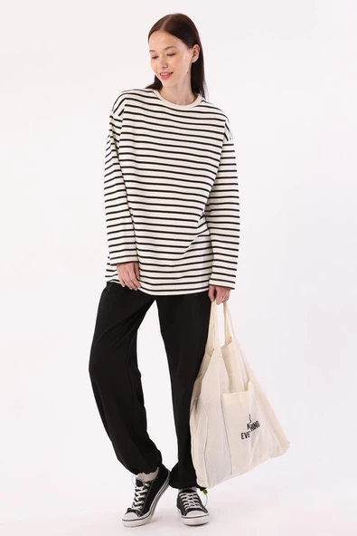 Ekru-Siyah-Çizgili Oversize Sweat
