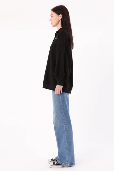Siyah-Polo Yaka Oversize Sweat - 3
