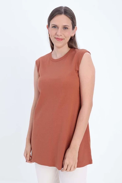 Kiremit-Pamuklu Fitilli Kolsuz T-Shirt - 1