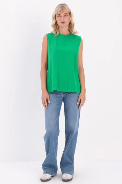 Benetton Yeşili-Bisiklet Yaka Kolsuz Pamuklu T-Shirt - 2