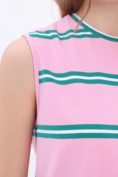 Pembe-Yeşil-Çizgili Kolsuz T-shirt - 5
