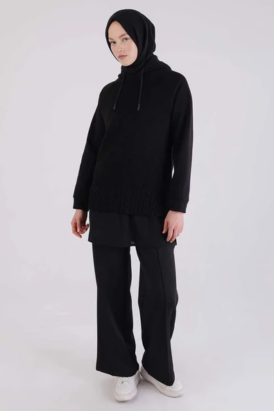 Siyah-Triko Garnili Kapüşonlu Sweatshirt
