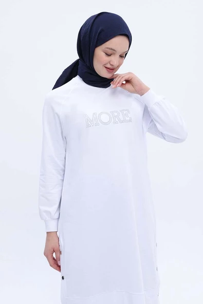 Beyaz-Pamuklu Nakışlı Likralı Tunik - Resim 5