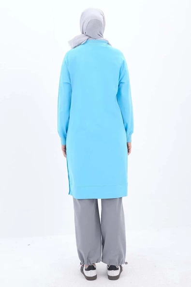 Turkuaz-Pamuklu Nakışlı Sweat Tunik - 4