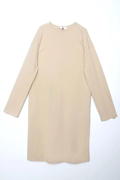 Bej-Pamuklu Arkadan Yırtmaçlı Apoletli Likralı Tunik - Resim 7