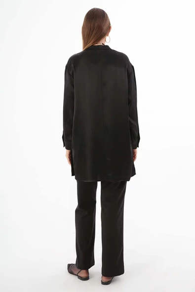 Siyah-Hakim Yaka Yanları Yırtmaçlı Gömlek - Resim 4