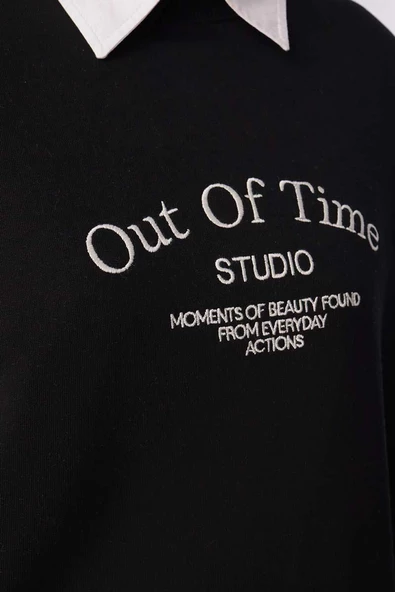 Siyah-Oversize Nakışlı Sweat - Resim 5