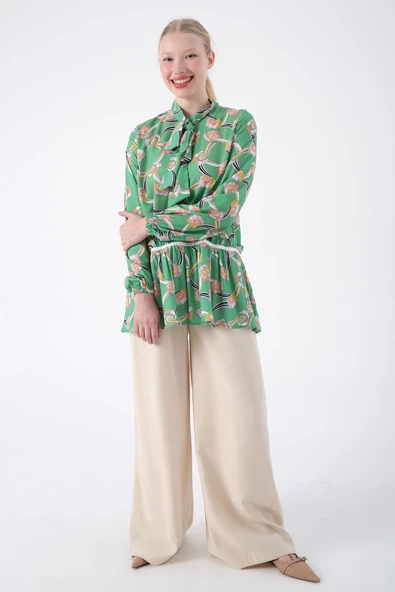 Yeşil-Lila-Yakası Fularlı Desenli Viskon Tunik ürün görseli 1