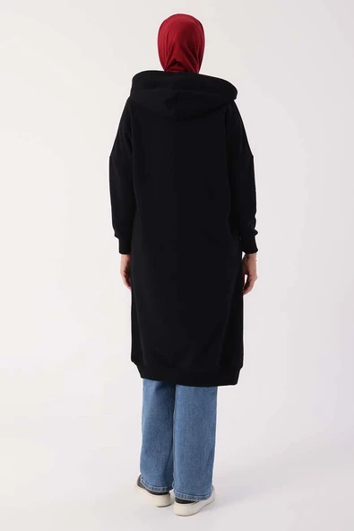 Siyah-Kuşgözlü Kapüşonlu Cepli Sweat Tunik - Resim 4