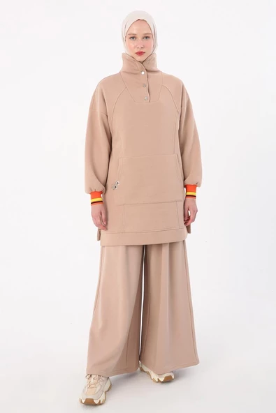 Bej-Çıtçıt Yakalı Ribana Detaylı Şardonlu Sweat - 2