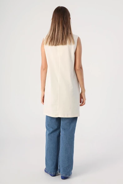 Ekru-Yaka Biyeli Kolsuz Likralı T-shirt - Resim 4