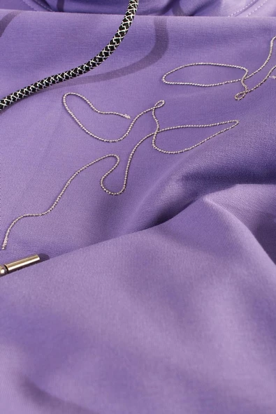 Lila-Zincir Nakışlı Dik Yaka Likralı Uzun Sweat - Resim 7