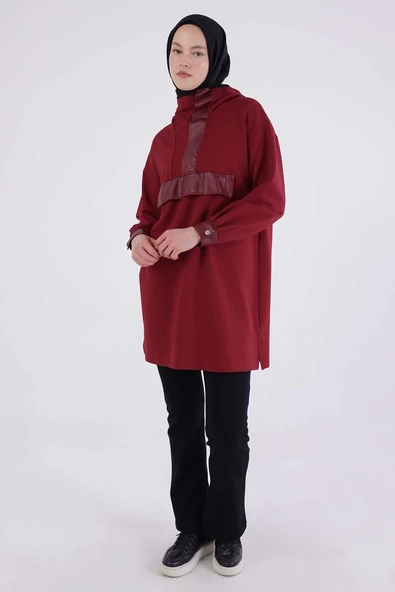 Bordo-Deri Garnili Kapüşonlu Tunik