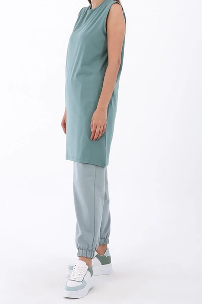 Yeşil-Pamuklu Yaka Biyeli Kolsuz Tunik - Resim 3