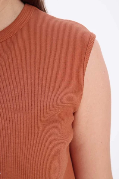Kiremit-Pamuklu Fitilli Kolsuz T-Shirt - 5