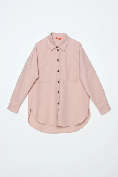 Açık Pembe-%100 Pamuk Oversize Cepli Gömlek Tunik - Resim 6