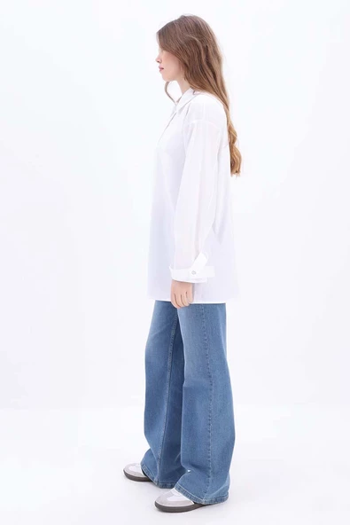 Beyaz-%100 Pamuklu Kalpli Gömlek Tunik - Resim 3