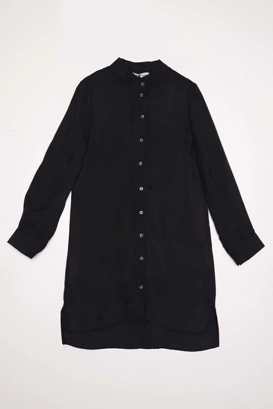 Siyah-Dik Yakalı Kolu Pileli Gömlek Tunik - Resim 7