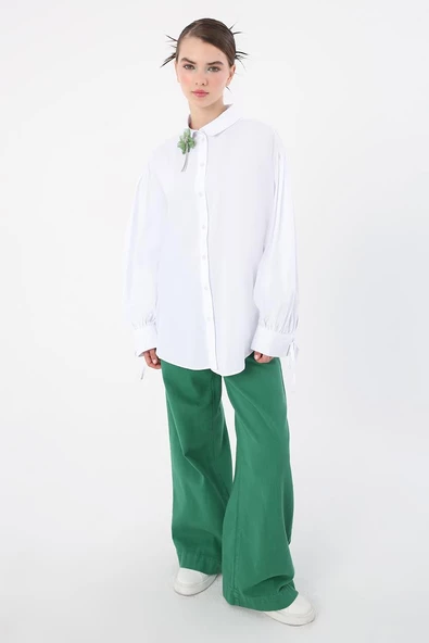 Beyaz-%100 Pamuk Kolları Bağlama Detaylı Gömlek ürün görseli 1