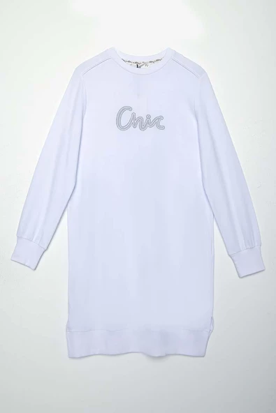 Beyaz-Pamuklu Yandan Yırtmaçlı Nakışlı Likralı Tunik - Resim 6